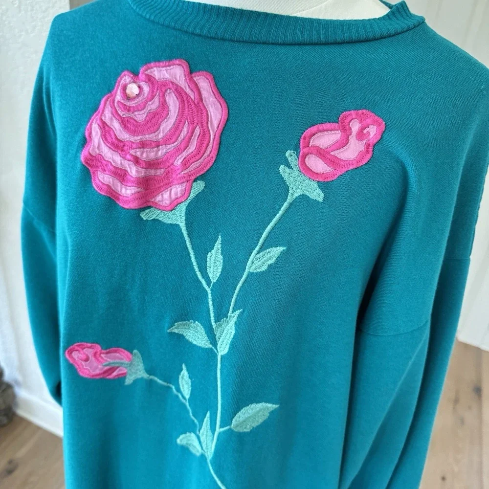 Vtg Appel Teal Sweatshirt Pullover Robe Nightgown Rose Embroidered OSFA/L‎ Boho